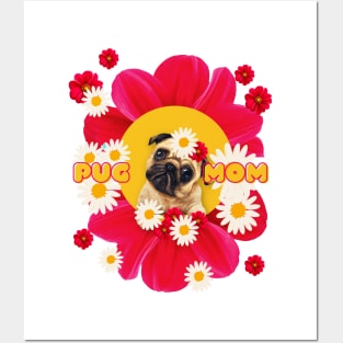 pug mom on pink flowers Posters and Art